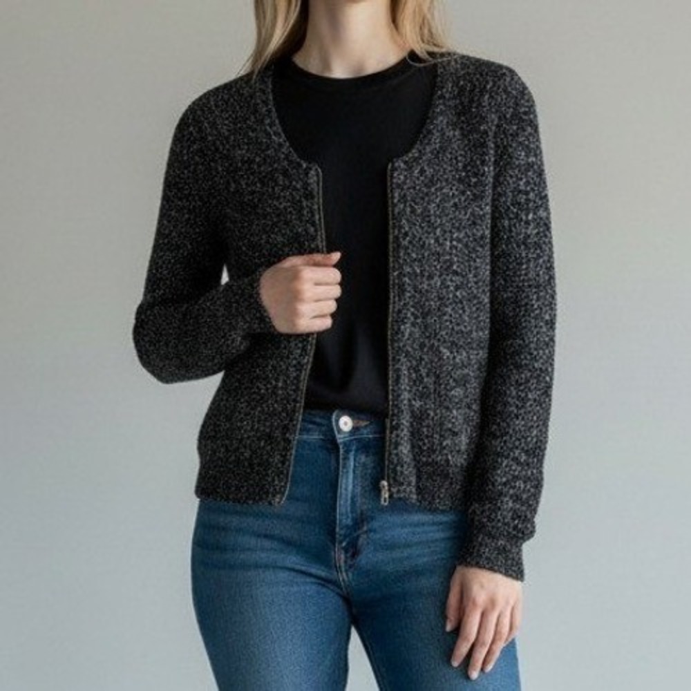 The Kooples Women Zip‎ Up Cardigan L Charcoal Marled Knit Collarless Minimalist